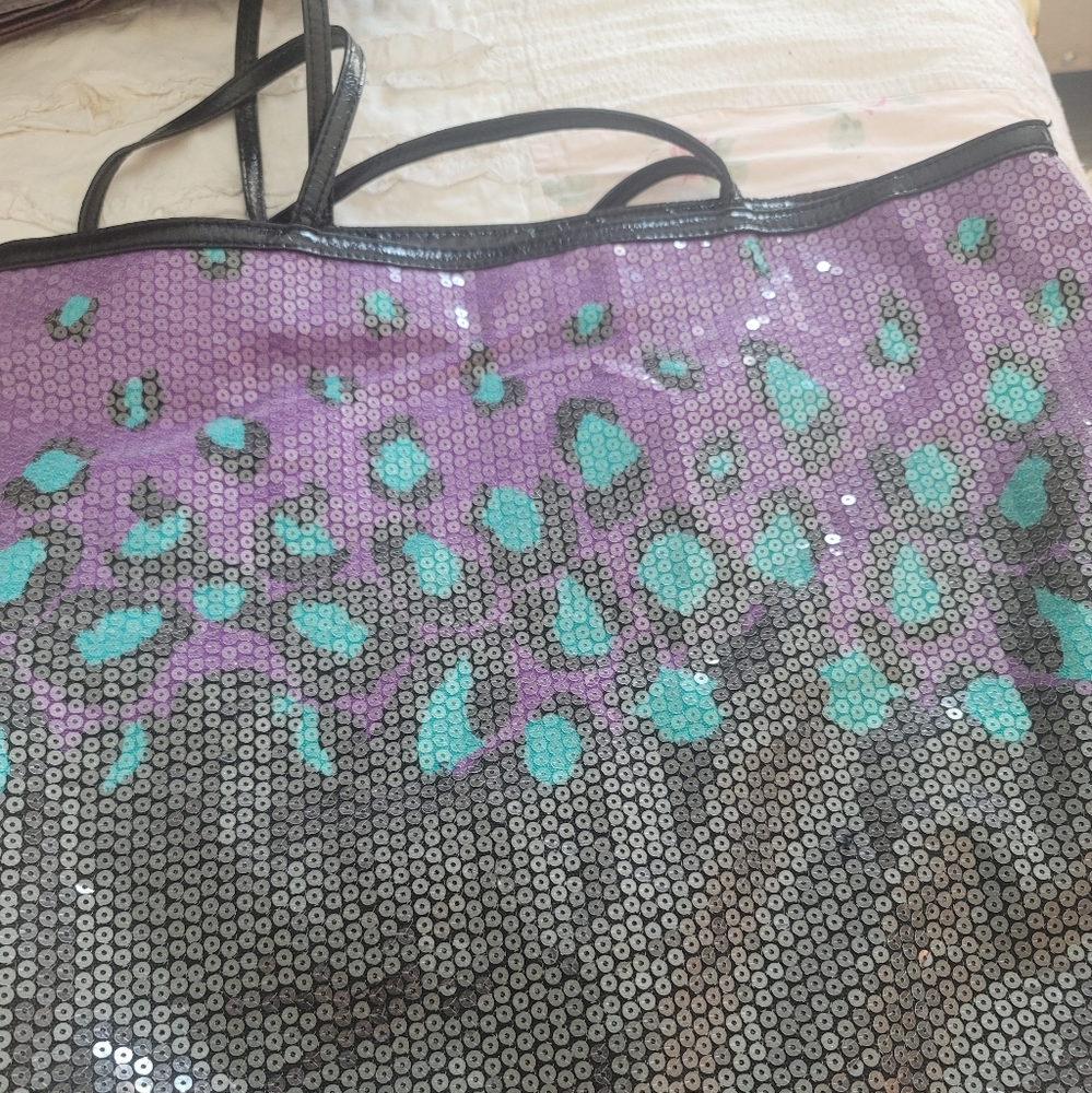 Betsy Johnson sequin purple black and teal tote bag with thin straps
